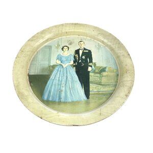 Vintage Royal Portrait Metal Plate Featuring Queen Elizabeth II & Prince Philip